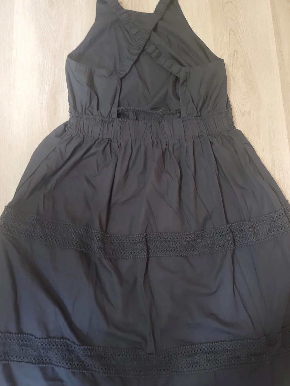 Abercrombie & Fitch Black Tiered Maxi Dress XL Pocket Crochet Cross Back Prairie